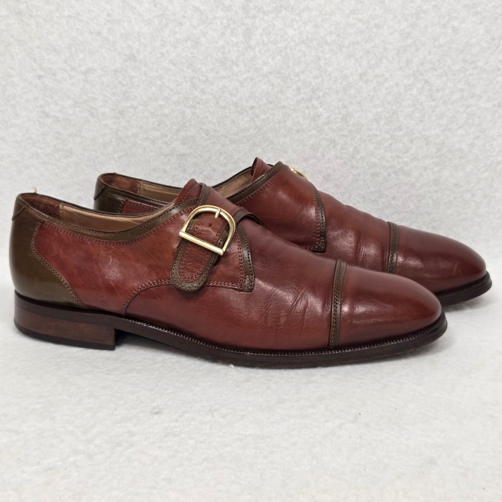 Vtg Bally Monk Strap Shoes Mens 44 Brown Two Tone Leather Cap Toe Made in Italy